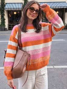 Women's Comfortable Striped Knit Pullover Sweater, Long Sleeve Loose Warm Pullover, Suitable For Winter Wear - Multicolor - View 2