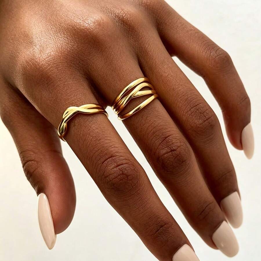 Set Cincin Terbuka Minimalis Garis Berpilin Stainless Steel Berlapis Emas (2 buah), Cocok untuk Pemakaian Sehari-hari Wanita, Kencan, Belanja, Pesta - Seperti yang ditunjukkan pada gambar - View 1