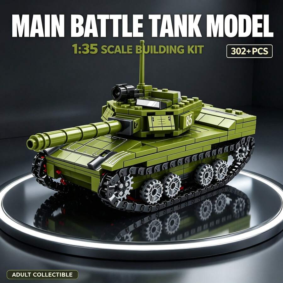 Main Battle Tank Assembly Set, 302+ Pieces 1:35 Scale Adult Collector Grade Model Kit, Rotating Turret And Track Chassis, Suitable As Christmas, Halloween, Thanksgiving And Birthday Gifts For Hobby Collectors - Green - View 1