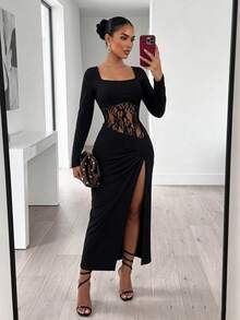 RNU Women's Black Square Neck Long Sleeve Evening Dress, Autumn/Winter Style, Sheer Lace Patchwork Bodice, Ruched Gathered Design, High Slit Knit Elastic Hem, Sexy Slim Fit High-End Texture, Suitable For Dinner, Party, Cocktail, Atmospheric Eye-Catching Dress - Black - View 3