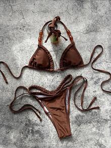 Bikinx Women's Halter Tie Bikini Set With Beaded Woven Details And Side Tie Bottoms, Suitable For Beach Vacation - Brown - View 8