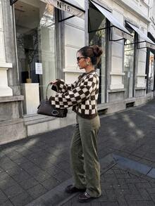 Joy Knit 女款針織毛衣 秋冬時尚新款 百搭上衣 簡約休閒 百搭 格紋圓領鈕扣甜美寬鬆針織開襟毛衣外套 女士上班穿搭 外出上衣 派對 - 卡其+棕 - 查看 5