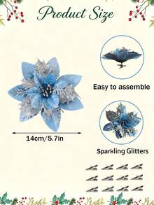 Christmas Artificial Glitter Red Poinsettia, Blue Christmas Tree Decor With Stem, Suitable For Christmas Tree Hanging, Wreath DIY Crafts, Bouquets, Wedding Party Decoration - Blue Silver - View 3