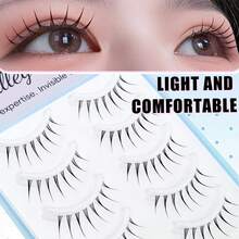 5 Pairs Japanese Anime Tapered Clear Band Invisible Eyelashes Natural Sweet Fresh Soft Lightweight Faux Lashes Dating Travel Portable Pack - Black - View 1