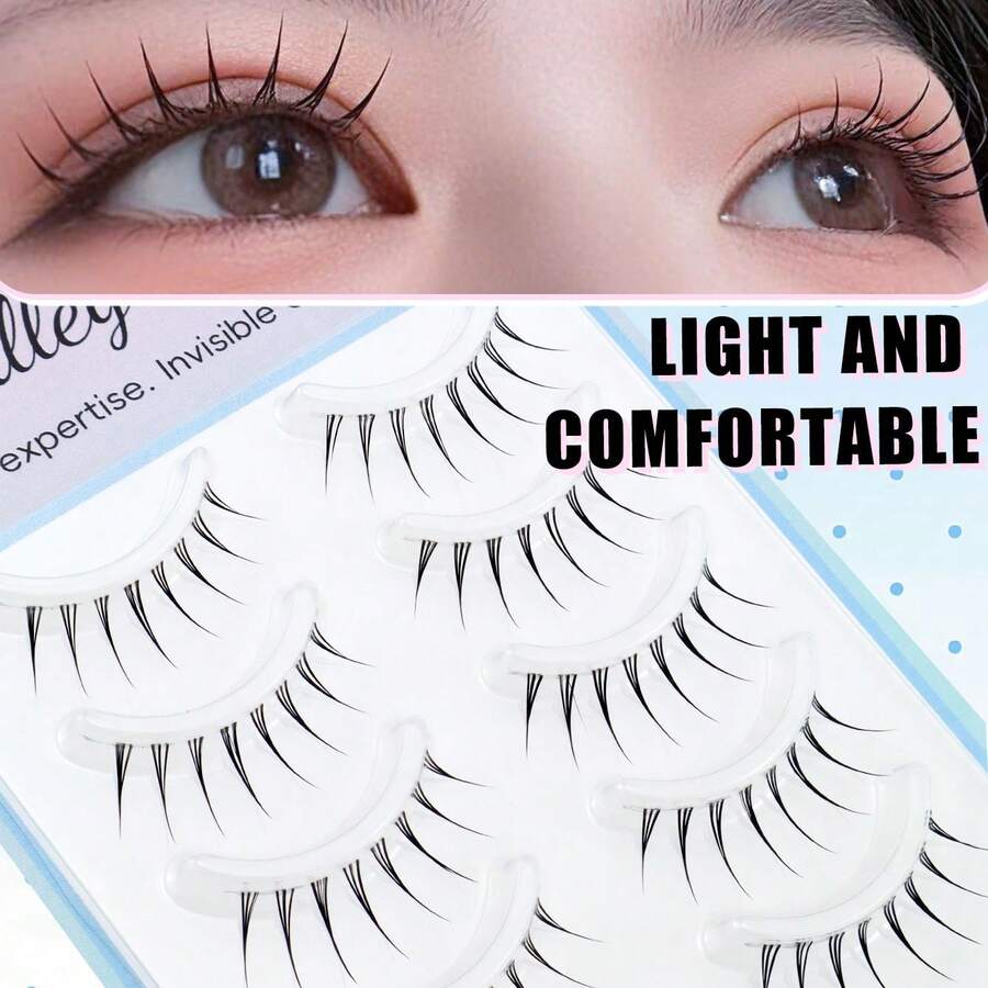 5 Pairs Japanese Anime Tapered Clear Band Invisible Eyelashes Natural Sweet Fresh Soft Lightweight Faux Lashes Dating Travel Portable Pack - Black - View 1