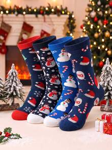 1/2/4/8 pares de calcetines navideños, con patrones de gorro de Papá Noel, muñeco de nieve y bastón de caramelo, unisex, regalo creativo para fiesta de Navidad, calcetines casuales suaves y cálidos para otoño/invierno - Multicolor - Ver 1
