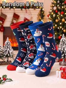 1/2/4/8 pares de calcetines navideños, con patrones de gorro de Papá Noel, muñeco de nieve y bastón de caramelo, unisex, regalo creativo para fiesta de Navidad, calcetines casuales suaves y cálidos para otoño/invierno - Multicolor - Ver 5