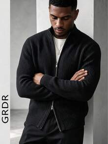 GRDR Men's Crew Neck Long Sleeve Double-Zipper Cardigan Sweater, Versatile For Daily Wear - Black - View 12
