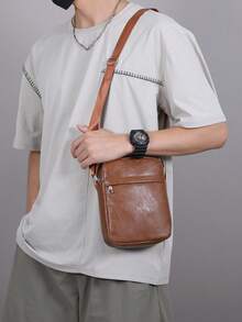 Men's Leather Crossbody Bag, Casual Shoulder Purse, Lightweight Mini Messenger Bag For Daily Work Travel Outdoor - Brown - View 2