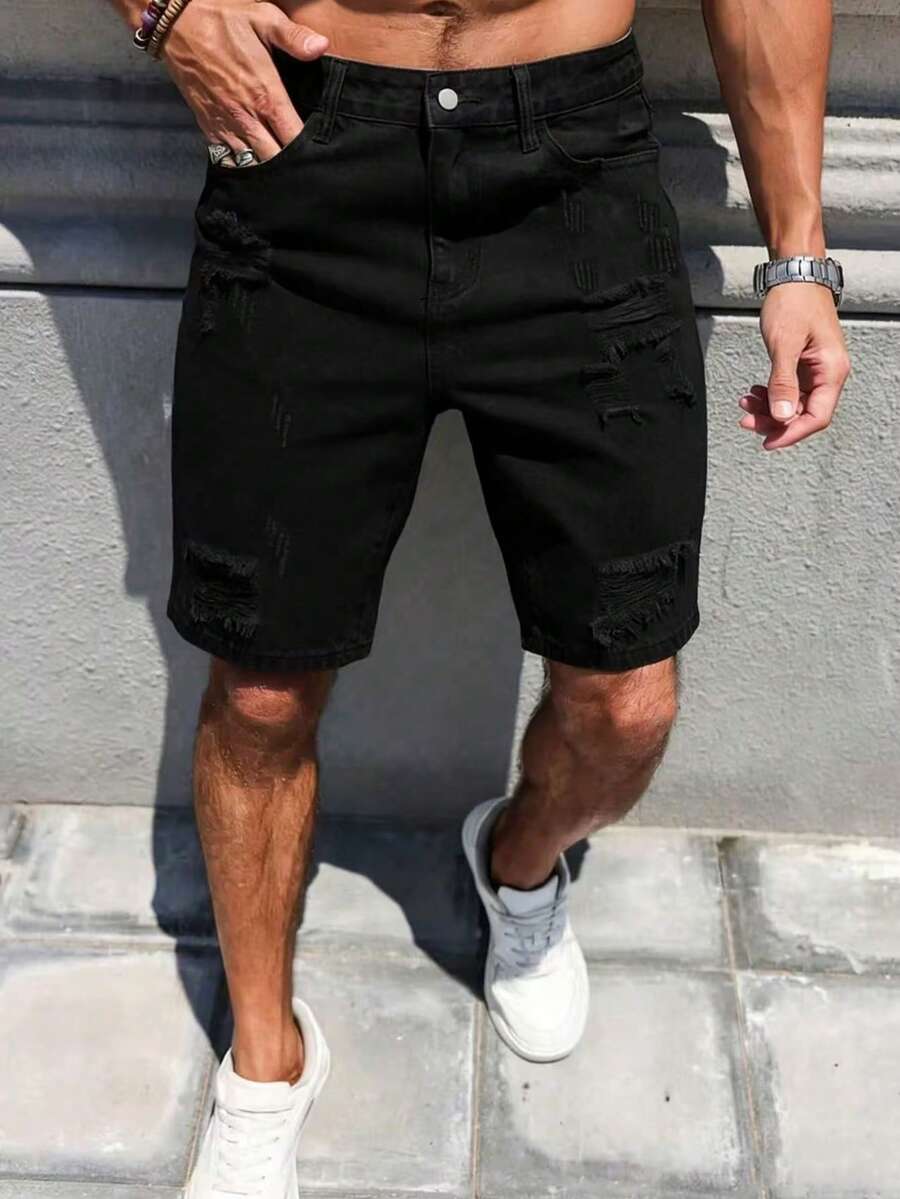 Men's Fashion Distressed Regular Straight Leg Durable Casual Denim Shorts Non-Stretch - Black - View 1