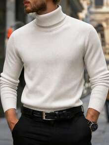 Krometka Men's High Neck Pullover Long Sleeve Top, Minimalist Basic Loose Fit, Casual Commute Inner Layer - White - View 4