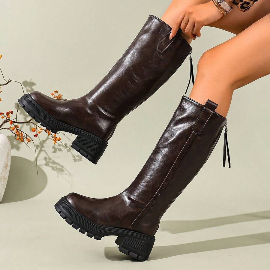 Women's Autumn/Winter Fashion Versatile Comfortable Black Knee-High Boots - Brown - View 1