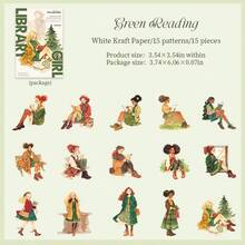 JotBox Library Girl Reading Character Stickers, Vintage Cute Girl Character Material, Collage Scenery Basic Material, Sticker Decoration DIY - Library Girl - View 11