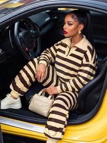 Fashionable Women's Striped Casual 2 Pieces Set, Contrast Color Collar, Zipper Detail Top With Matching Pants, Suitable For Casual Occasions - Yellow - View 8