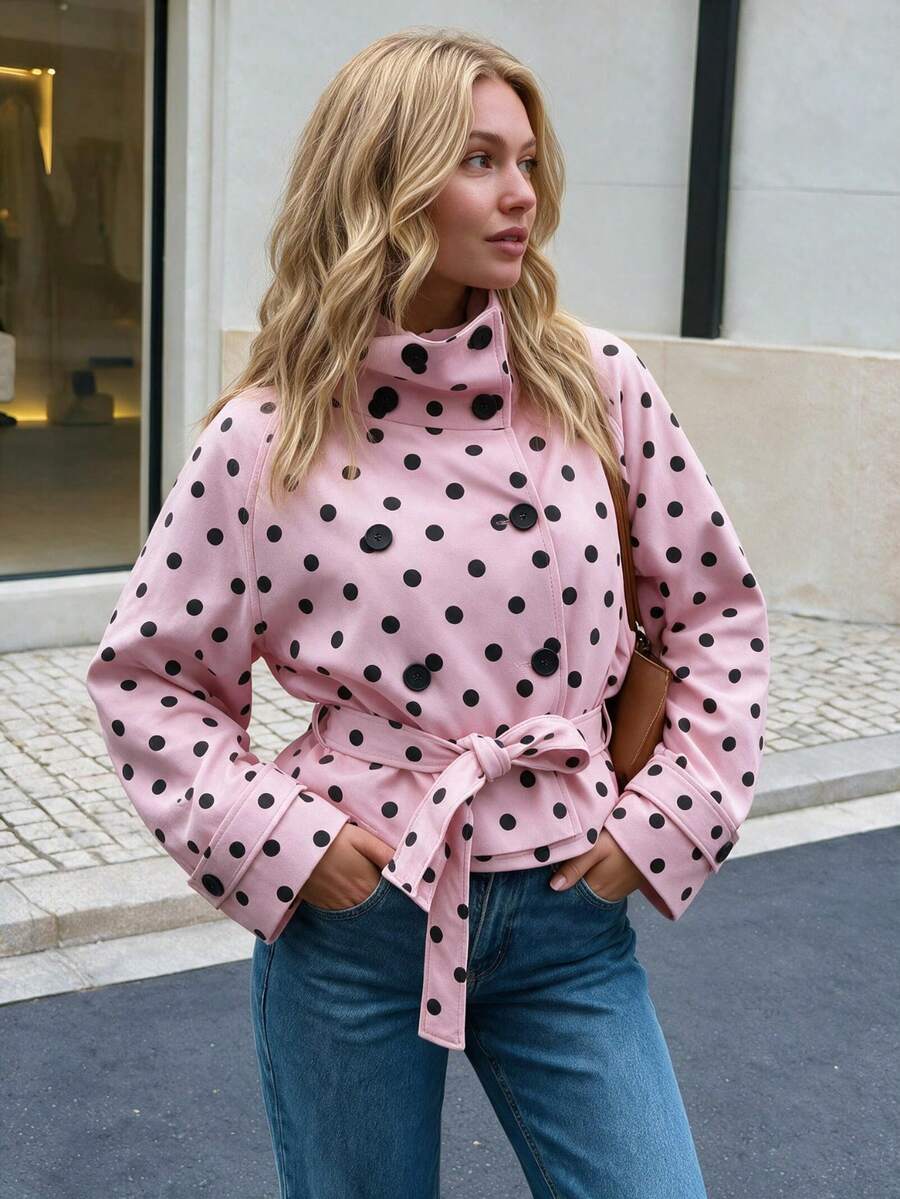 Women's Elegant Polka Dot Tie-Front Cardigan Jacket For Vacation - Pink - View 1