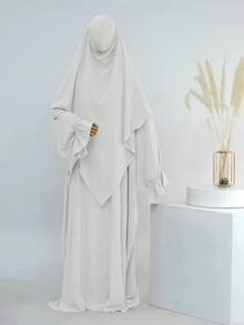 Solid Light Gray Textured Loose Khimars Robe Set, Ruffle Flare Sleeve Elegant Jilbab Long Dress, Muslim Women Casual Islamic Prayer Outfit - Multicolor - View 7