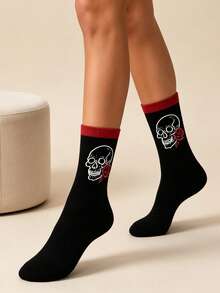 1 Pair Halloween Black & Red Colorblock Skull Rose Mid-Calf Socks For Men Women Couples - Black - View 6