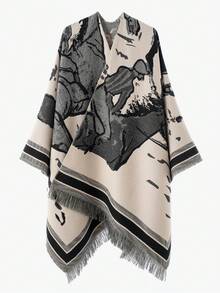 Men's Vintage Sketch Portrait Jacquard Knit Cardigan Poncho Shawl, Autumn/Winter Warm Blanket-Style Outerwear With Tassel Hem, Casual Split Jacket "Poncho" - Multicolor - View 7