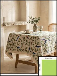 1pc Beige Base Green Branch & Blue Bird Print Tablecloth, French Fresh Style Linen Blend Fabric, Square Shape With Beige Tassel Edge Detail, Stain-Resistant Desktop Protector, Functional Dining Table Cloth Suitable For Daily Breakfast And Cozy Home Decor Scenes - Beige - View 12