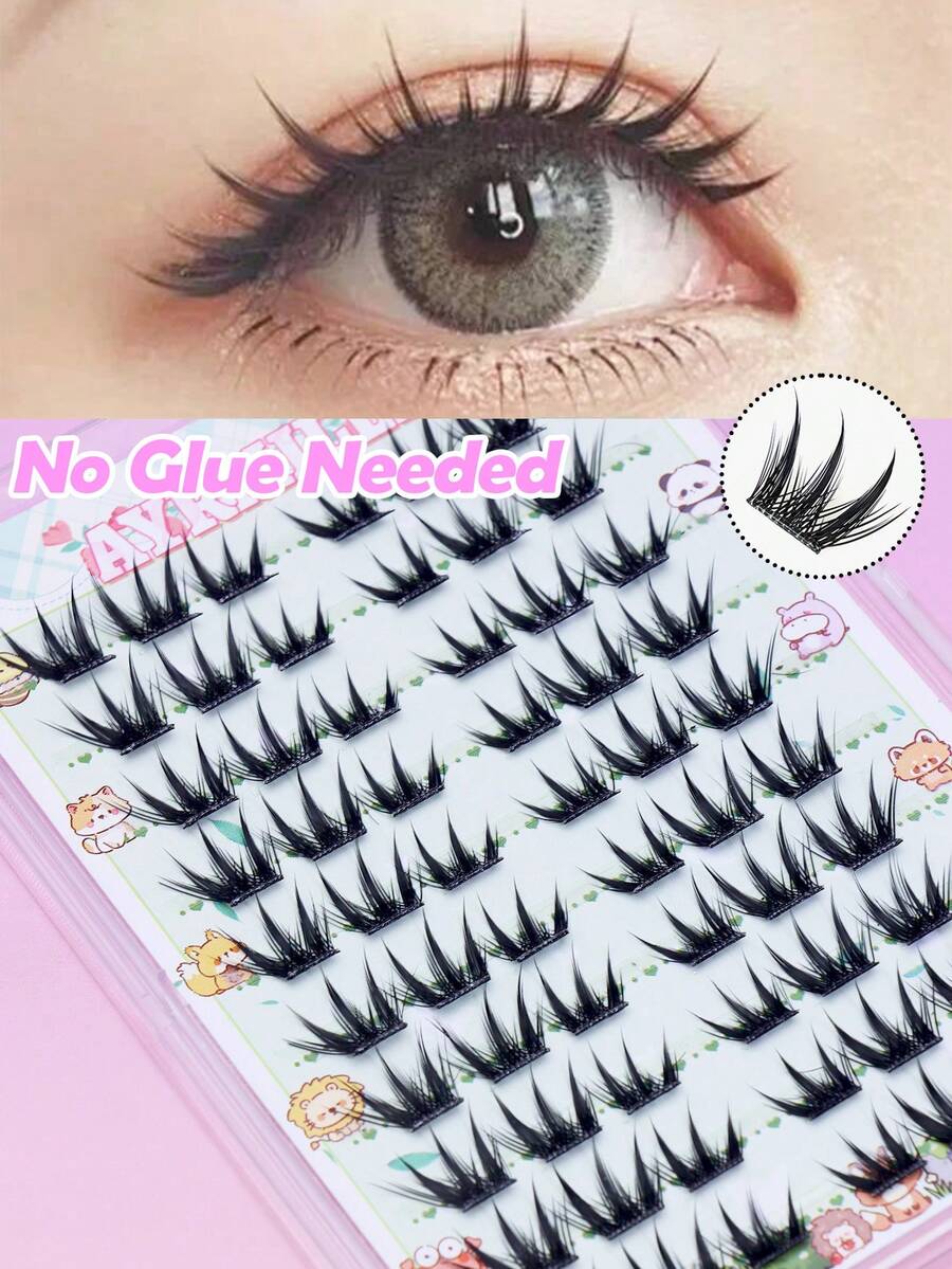 No Glue Required Self-Adhesive Spiky Dense Cluster Lashes Sharp Tip Individual False Eyelashes Pre-Glued Reusable Thick Segmented Lash Extensions Dramatic Look Soft Comfortable For Party Bold Makeup - C - View 1