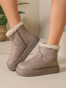 Women's Solid Color Faux Suede Thick Sole Ankle Boots, Beige Curly Fur Collar With Side Zipper Decor Thick Sole Ankle Boots - Grey - View 3