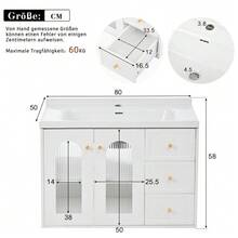 [With Ceramic Basin] 80cm Multifunctional Wall-Hung Bathroom Vanity Unit, MDF Panel, Large Storage Capacity: 2 Drawers + Cabinet With Glass Door (Semi-Transparent, With Adjustable Shelves) - White - View 5