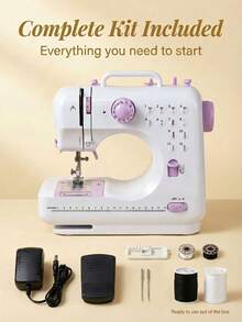 dilidili Portable Mini Sewing Machine For Beginners, 12 Built-In Stitches, Backstitch And Overlock Functions, 3-Speed Compact Electric Sewing Machine With Complete Starter Kit, Suitable For Home DIY Fabric Crafts - White - View 2