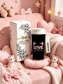 1pc/5pcs 500ml Cute Cat Heart Travel Mug, Double-Wall Stainless Steel Insulated Cup, Cute Pink Cat Ear & LOVE Letter Print Design, Portable Coffee Cup With COFFEE Print Lanyard, Leak-Proof Insulated Mug, Suitable For Daily Commute, Outdoor & Travel - Black-kitty Love - View 2