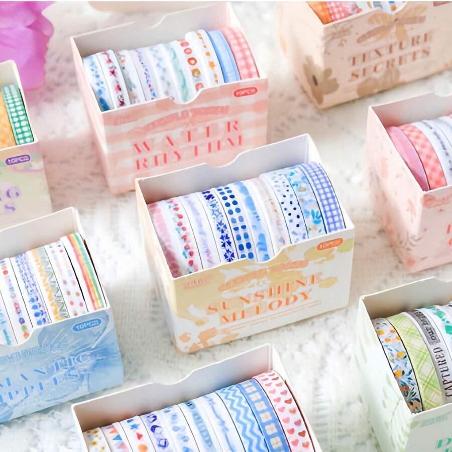 10 Rolls Mixed Washi Tape Set, Floral Plaid Text Multiple Prints, Hand Tearable, Scrapbook Border Decoration, DIY Handmade Collage Artistic Decorative Material