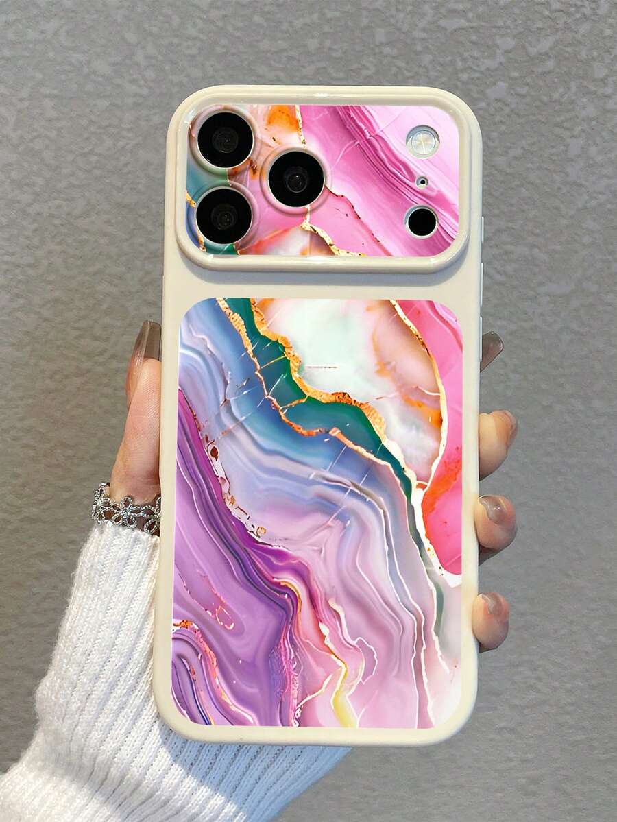 1pc Cream White Frame Rainbow Gold Fluid Marble Pattern Large Window Phone Case, Raised Lens Full Coverage Shockproof Soft Shell, Artistic Gradient Print Phone Case, Luxury Fashion Birthday Gift Compatible With IPhone Case & Galaxy Case, Compatible With IPhone 18 Phone Case, Compatible With IPhone 18 Pro Max, Compatible With IPhone 16, S25 Ultra Phone Case, S24 Ultra Phone Case - White - View 1