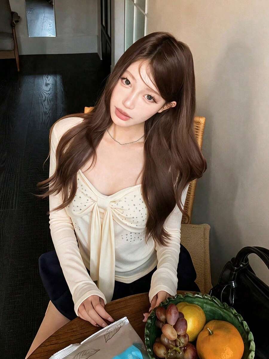 Minimalist Sexy Square Neck Rhinestone Bow Long Sleeve T-Shirt Women Early Spring Hot Girl Sweet Cool Slim Fit Flattering Base Layer Top - Apricot - View 1