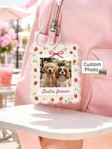 Personalized Pet Photo Bag Charm, Fan-Shaped Frame Bow Floral Plaid Backpack Accessory - Multicolor - View 2