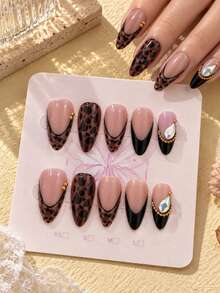 24pcs Autumn/Winter Atmosphere Leopard Print Press-On Nails Black Edge French Style Colorful Rhinestone Gold Bead Medium Long Almond Fake Nails - Multicolor - View 9