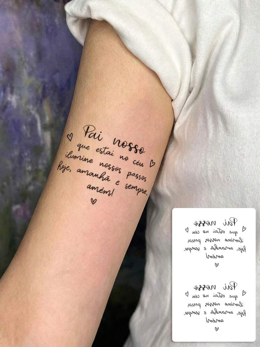 1 Sheet Portuguese Script Quote Temporary Tattoo Stickers, Handwritten Cursive Text With Small Hearts Fake Tattoos, Gentle Literary Body Art For Women, Waterproof Forearm Decor - Black - View 1