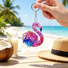 Stained Glass Mosaic Flamingo Acrylic Keychain,Iron Split Rings,Pink Tropical Bird Bag Charm,Creative Keepsake Gift For Animal Lovers,Friends & Family - Keychain - View 2