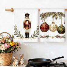 2pcs Christmas Kitchen Towel Set, Nutcracker & Christmas Ball Print Holiday Home Kitchen Decor Hand Towels, Holiday Gift - White - View 2