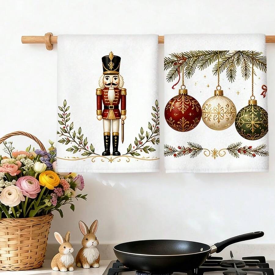 2pcs Christmas Kitchen Towel Set, Nutcracker & Christmas Ball Print Holiday Home Kitchen Decor Hand Towels, Holiday Gift