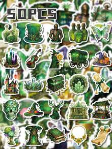 56Pcs Green Forest Magical Witch Mixed Stickers, Fresh Watercolor Texture, Fantasy Patterns Including Magic Carriages, Deer Antler Spirits, Ancient Spell Books And Flower Butterflies, For Laptop, Helmet, Guitar, E-Bike Shell Decoration - Multicolor - View 7