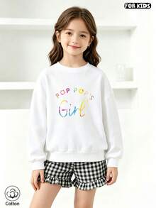 Children's Casual Cute Hooded Sweatshirt With Colorful "POP POPS Girl" Pattern Printed, Breathable, Suitable For Daily Wear In Autumn And Winter - White - View 3