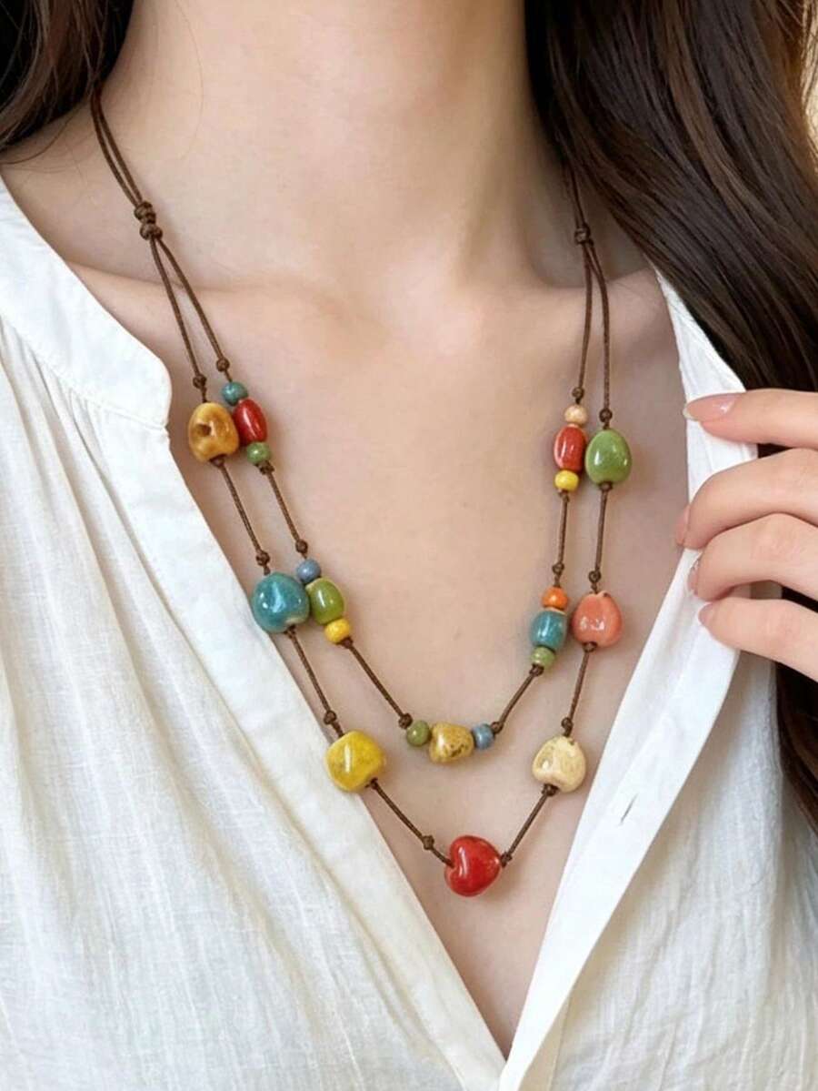 1pc Bohemian Style Colorful Heart Beaded Long Necklace, Brown Rope Layered Choker, Elegant Stackable Jewelry, Personalized Holiday Accessory, Suitable For Daily Wear, Party, Gift, Random Beaded Color - Multicolor - View 1