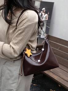 1pc Women's Solid Color PU Shoulder Crossbody Bag, Fashionable Retro Oil Wax Leather Chain Decor Crescent Bag, Suitable For Commuting And Shopping - Coffee Brown - View 5