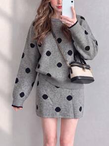 Women's Autumn/Winter Casual Minimalist Cute Polka Dot Pattern Loose Pullover & Skirt 2 Pieces Set - Grey - View 4