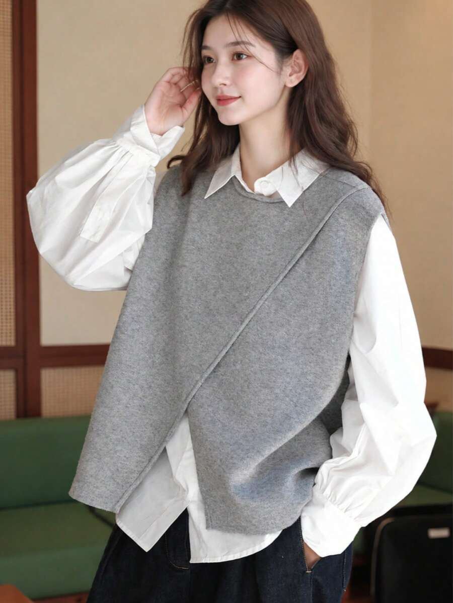 Alicedudu Rompi Pullover Wanita dengan Hem Asimetris, Desain Minimalis, Musim Gugur/Dingin - Light Grey - View 1