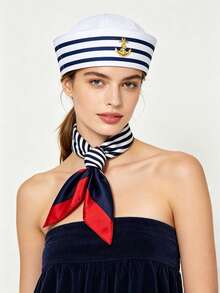 5pcs/2pcs/1pc Unisex Classic White Sailor Hat With Blue Stripes, Sailor Hat Set, Navy Style Hat, Ocean Theme Party Sailor Hat + Scarf Set, Vintage Navy Style Stage Performance Prop - Multicolor - View 8