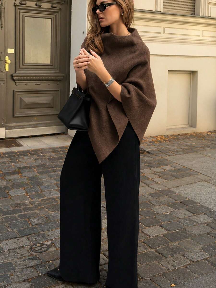 كنزة نسائية بونشو أنيقة بتصميم بسيط عصري Y2K، لون موحد مضلع، للارتداء اليومي، خريف/شتاء ربيع - بني - مشاهدة 1