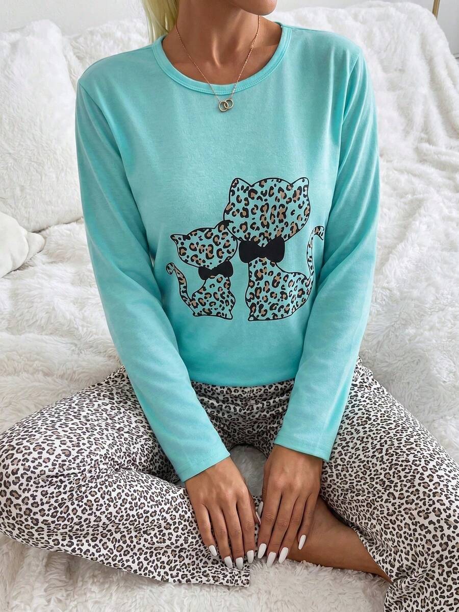 Blue Cat Pajama Set - Red - View 1
