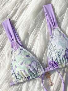 Women's Elegant Summer Purple Floral Print Bikini Two-Piece Swimsuit Set With Skirt, Suitable For Parties, Beach, Seaside Entertainment And Vacation - Multicolor - View 4