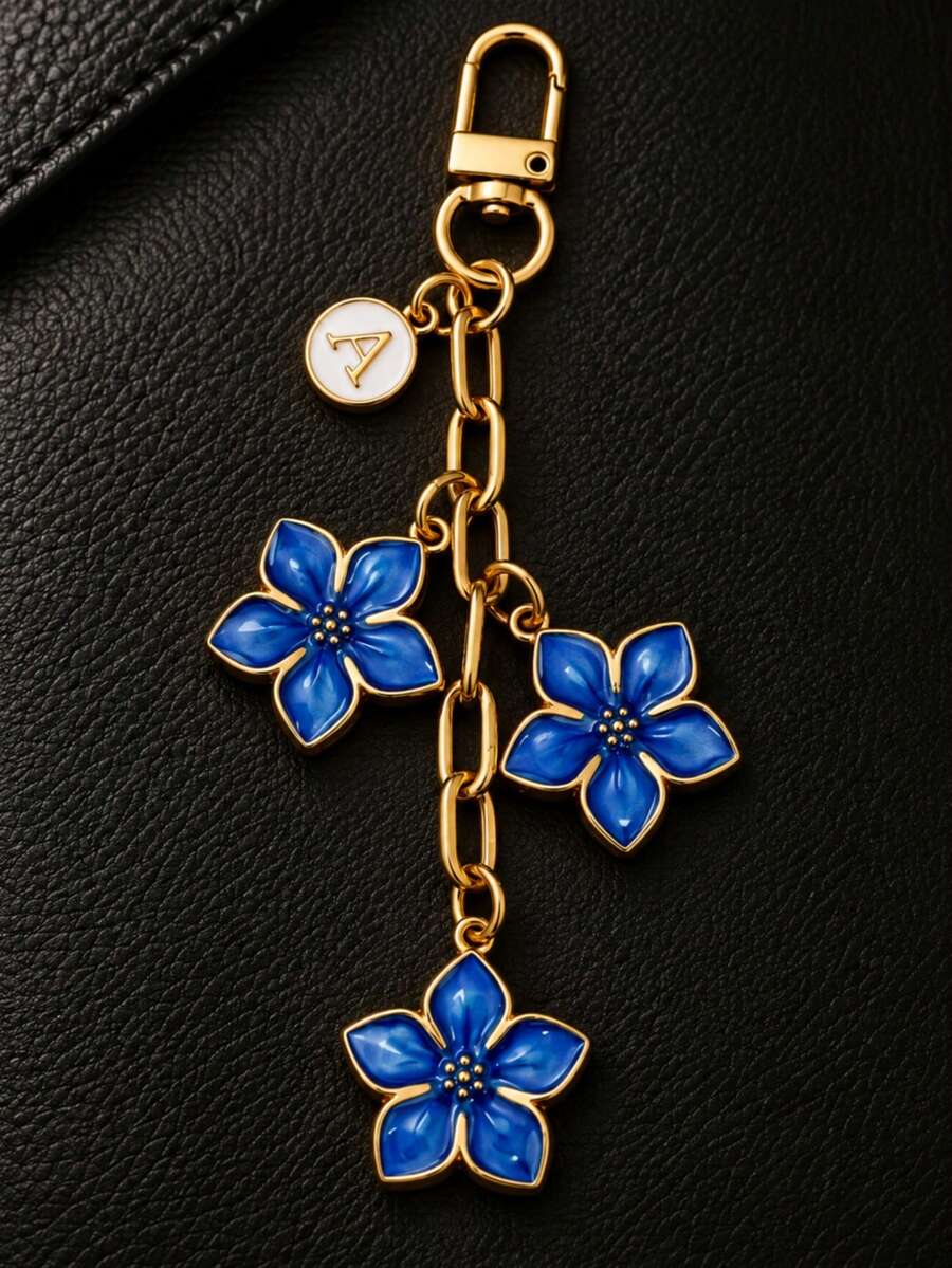 1pc Unisex New Cherry Blossom Keychain, Fashionable Exquisite 3D Cherry Blossom Decor, Bag Charm, Wallet Pendant, Y2K Style, Handbag Accessory - Blue Cherry Blossoms - View 1