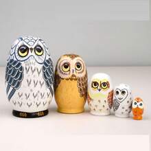 5 piezas de muñecas anidadas de búho hechas a mano, muñecas rusas de madera apilables, juguetes apilables de animales, regalo de Navidad y decoración del hogar - Blanco - Ver 6