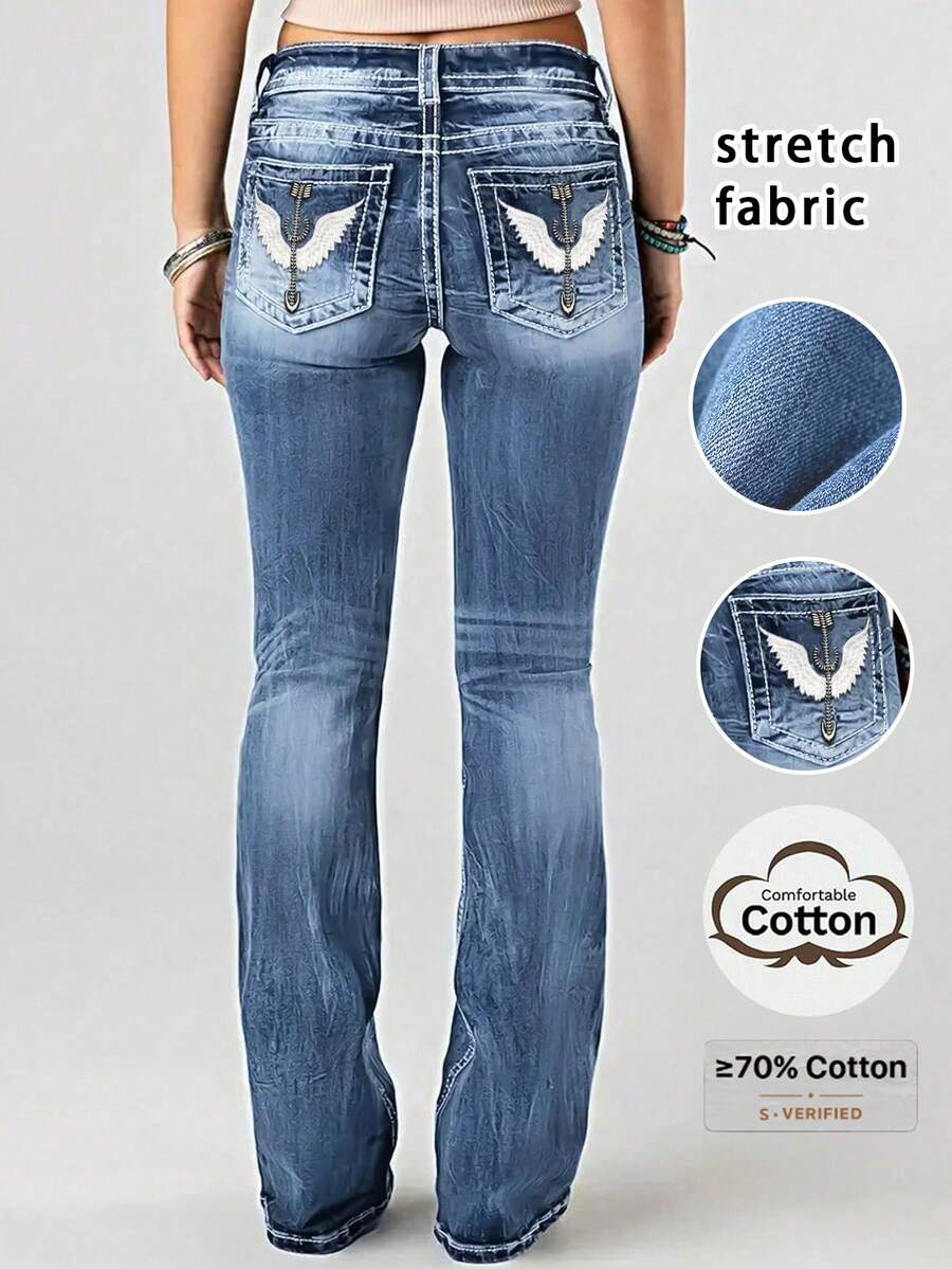 Women's Spring Bell-Bottom Jeans With Wing Embroidery And Pockets Casual Fall